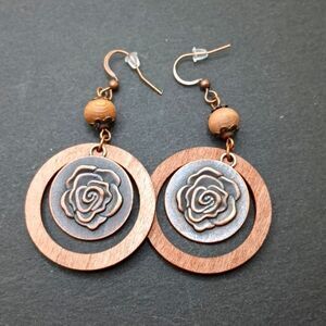 copper rose earrings wood rose engraved earrings